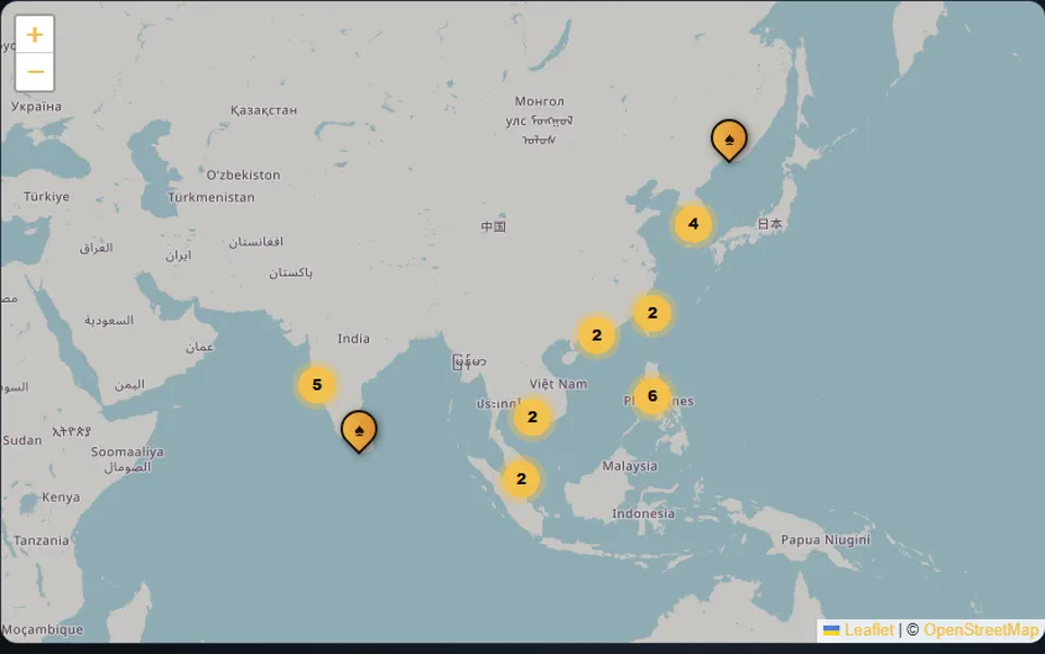The poker live map of licensed poker rooms in Asia